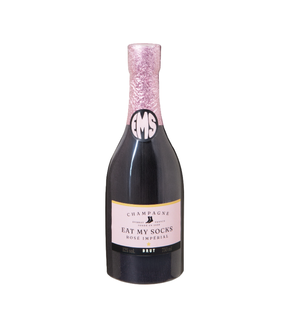 Bottle of champagne box with a pink cap and label on a white background