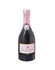 Bottle of champagne box with a pink cap and label on a white background