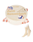 Cheese-shaped package with 'Petit Camembert' text and a pair of socks on a white background