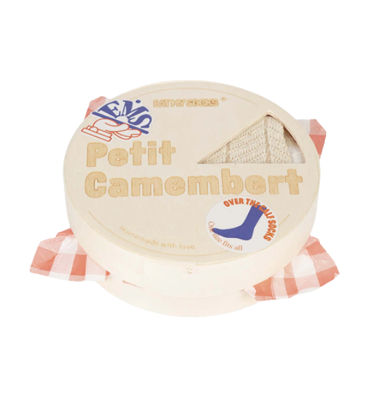 Round cheese shaped packaging with 'Petit Camembert' text.