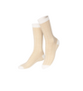 Pair of beige socks with white accents on a white background