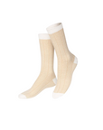 Pair of beige socks with white accents on a white background