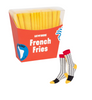Sock packaging designed to look like a box of French fries with a pair of socks on a white background.