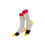 Pair of socks with a grid pattern, red top, black and yellow toes on a white background