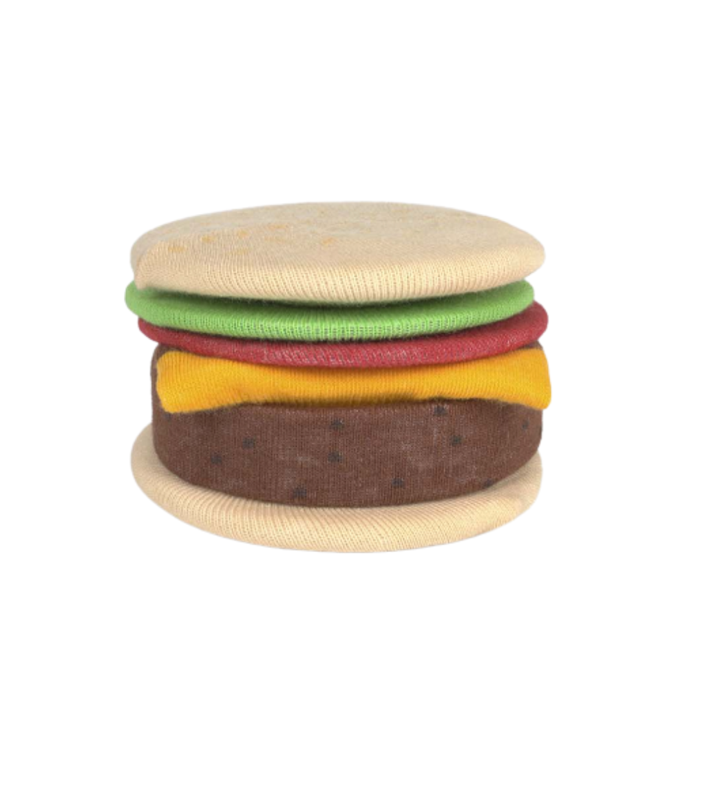 Socks folded into shape and mold of a cheeseburger.