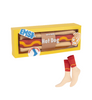 Hot dog-shaped socks in a yellow box.