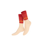 Red socks with yellow accents on a white background