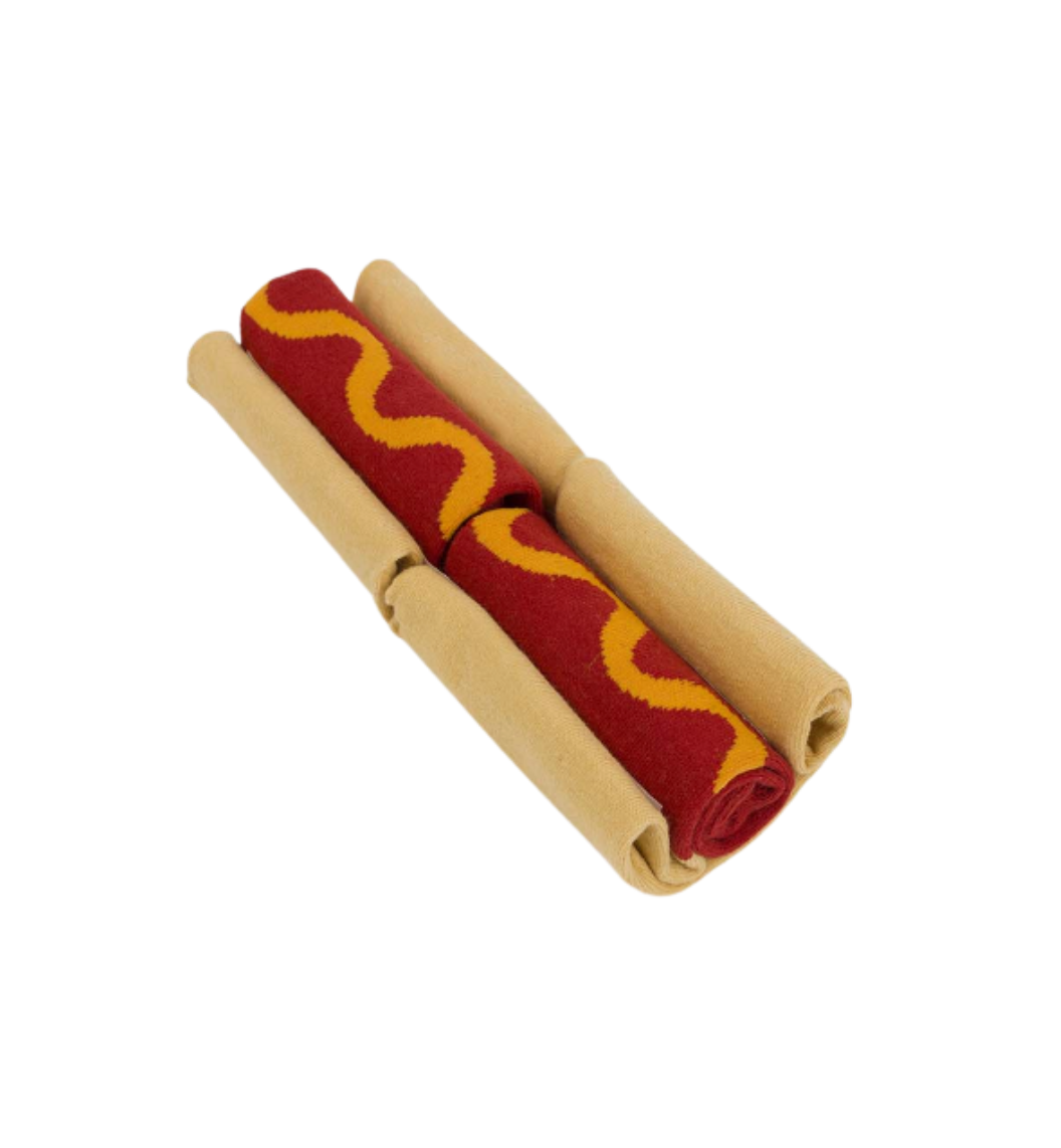 Hot dog socks with red and yellow folds on a white background