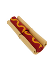 Hot dog socks with red and yellow folds on a white background