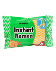 Packaging designed to mimic instant ramen with green and yellow design on a white background