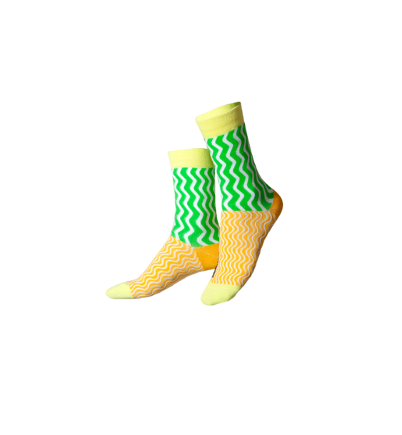Pair of socks with green and yellow zigzag pattern on a white background