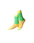 Pair of socks with green and yellow zigzag pattern on a white background