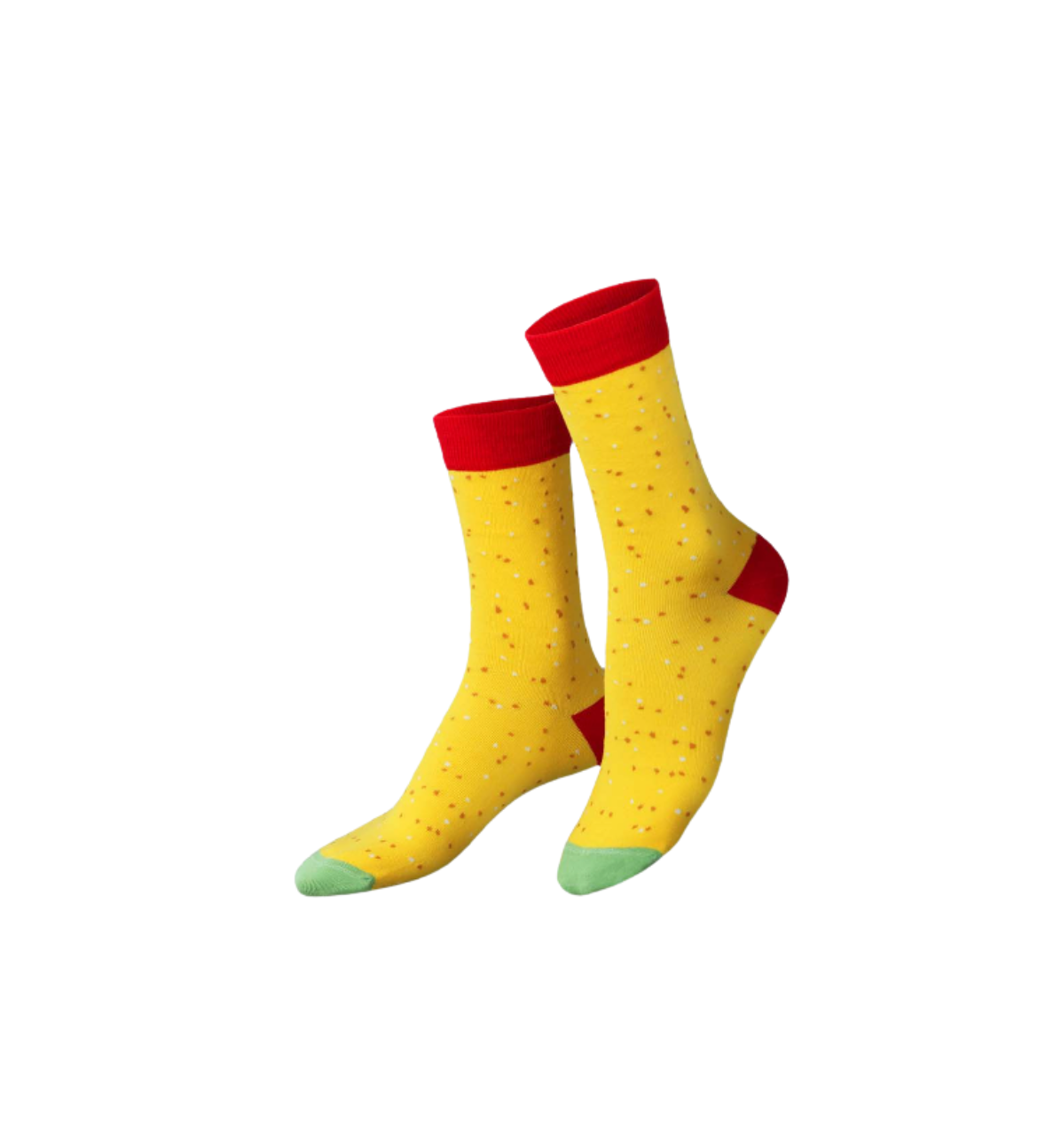 Pair of yellow socks with red tops and green toes on a white background