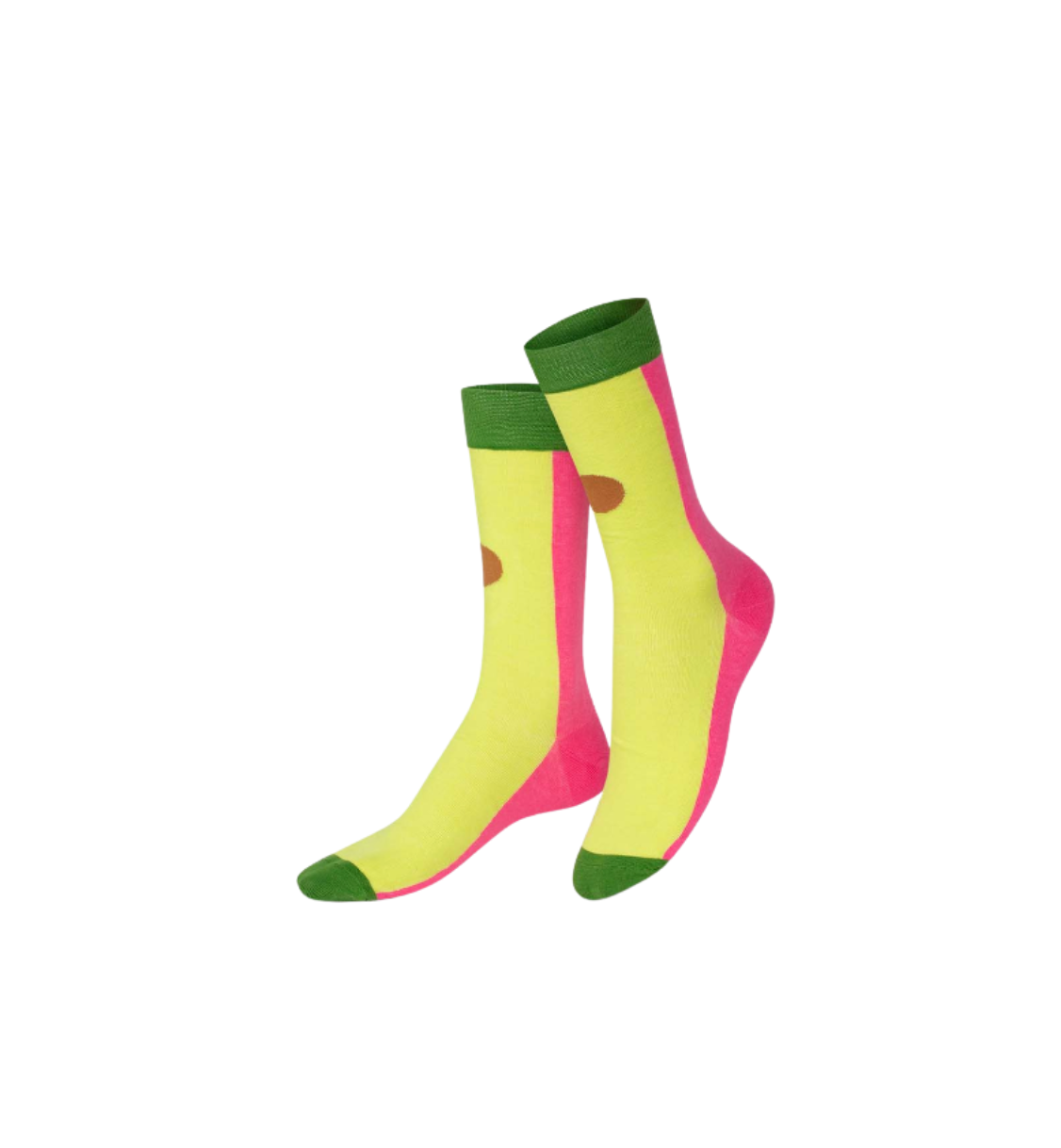 Pair of colorful socks with green tops and pink tips on a white background