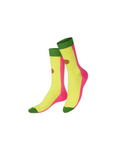 Pair of colorful socks with green tops and pink tips on a white background