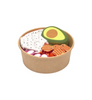 Socks folded into a sliced avocado, dragon fruit, and crackers in a brown bowl on a white background.