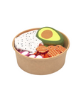 Socks folded into a sliced avocado, dragon fruit, and crackers in a brown bowl on a white background.
