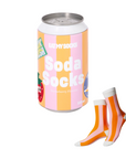 Soda Socks packaging with a can design and striped socks on a white background