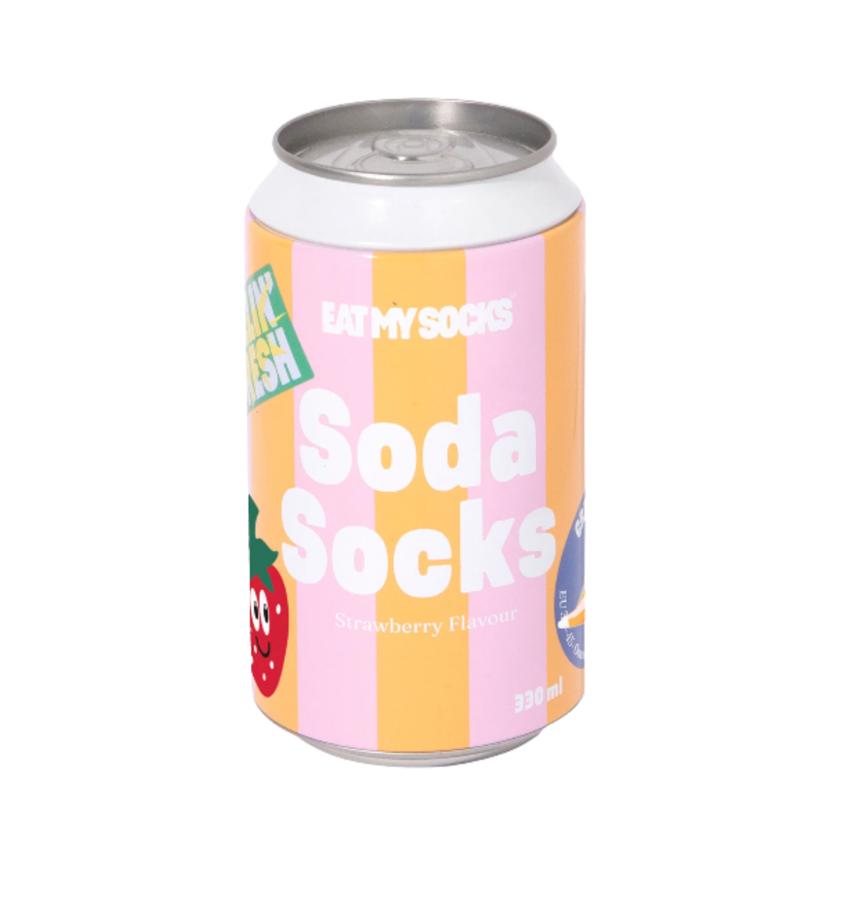 Soda can-shaped product with colorful label on a white background