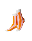 Pair of socks with pink and orange vertical stripes on a white background