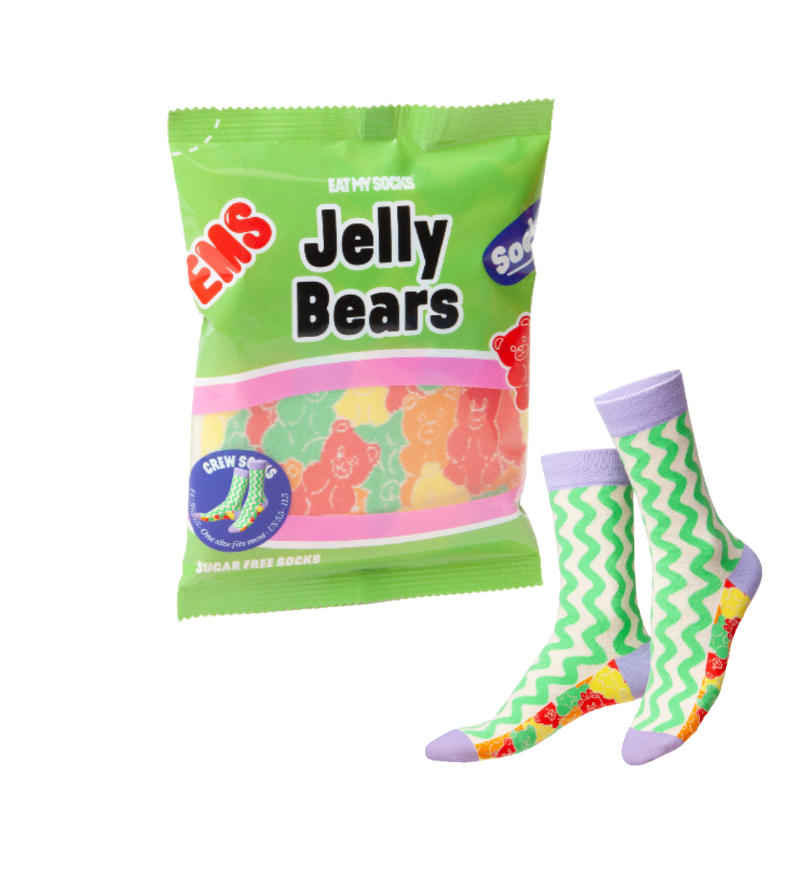 Packing mimics bag of Jelly Bears candy with a pair of green and purple zigzag patterned socks on a white background