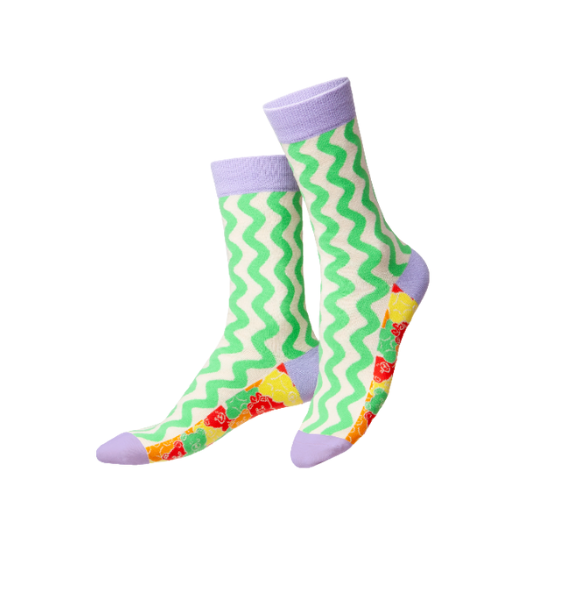 Colorful socks with zigzag pattern and purple accents on a white background