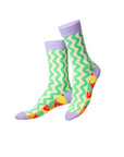 Colorful socks with zigzag pattern and purple accents on a white background