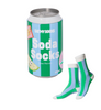 Soda can-shaped packaging with 'Soda Socks' branding and a pair of green and blue striped socks.