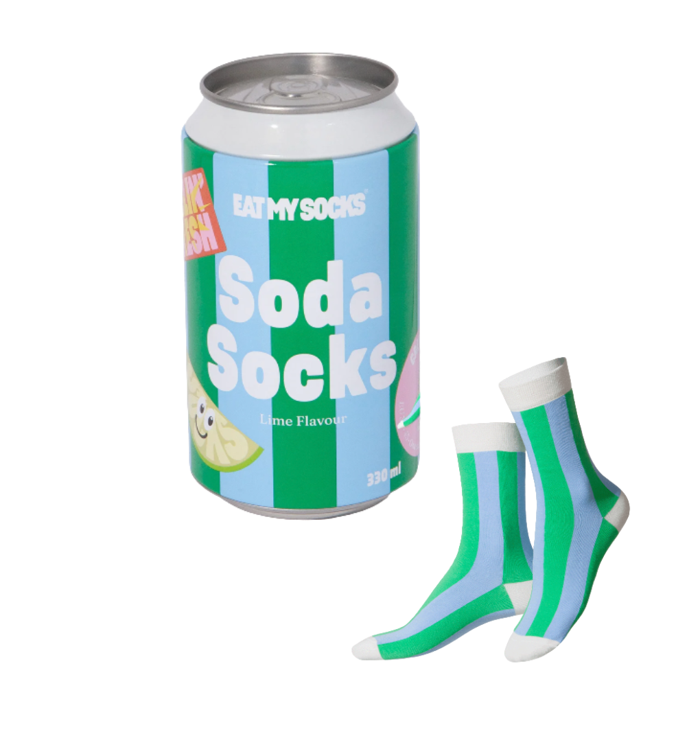 Soda can-shaped packaging with &#39;Soda Socks&#39; branding and a pair of green and blue striped socks.