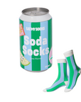Soda can-shaped packaging with 'Soda Socks' branding and a pair of green and blue striped socks.