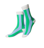 Pair of green and blue striped socks on a white background