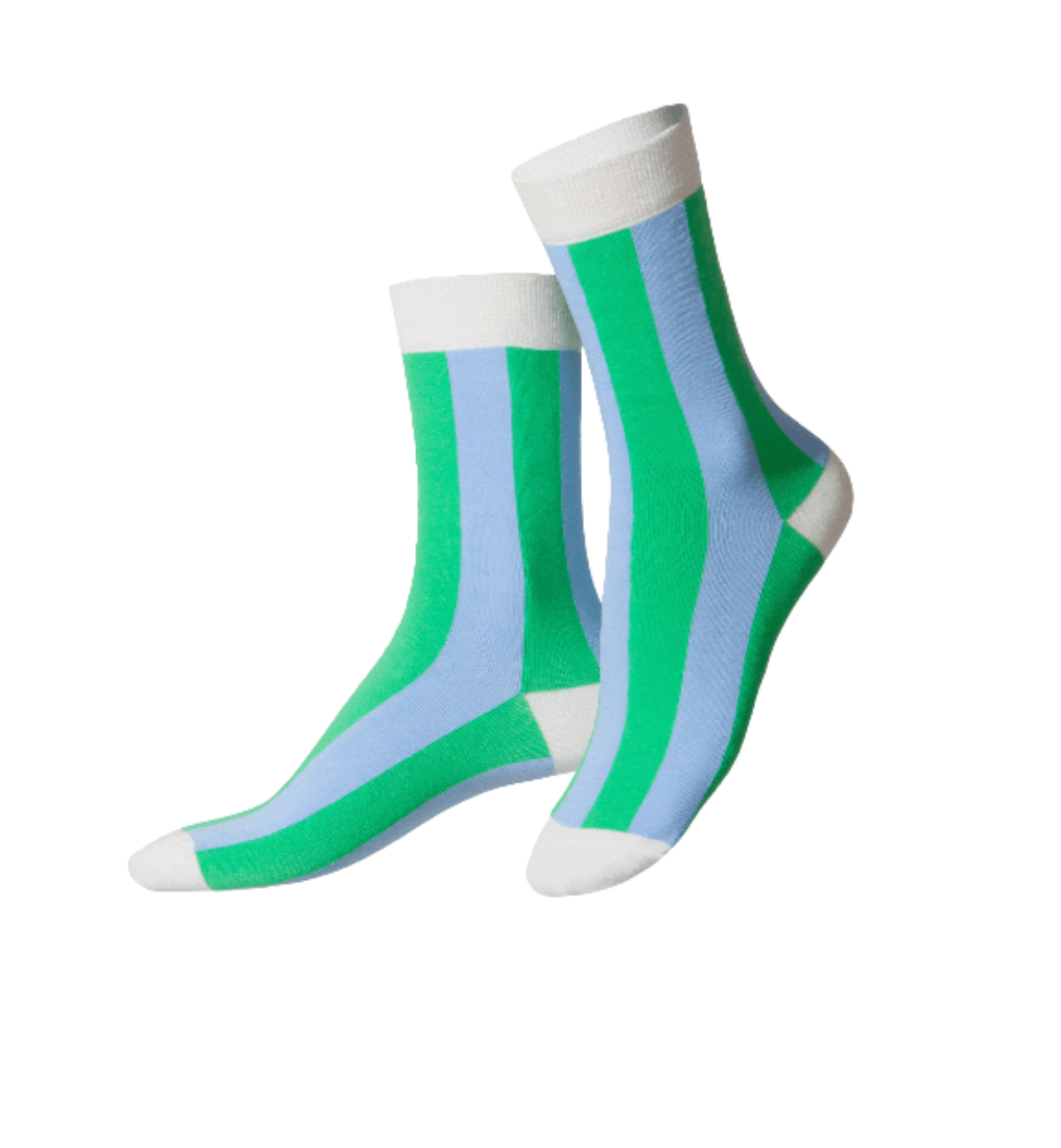 Pair of green and blue striped socks on a white background