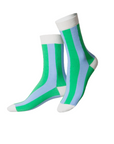 Pair of green and blue striped socks on a white background