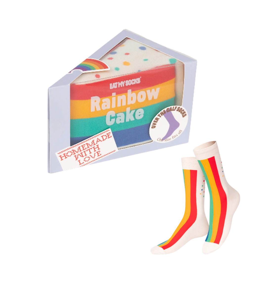 Rainbow cake-themed packaging with rainbow striped socks on a white background