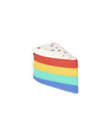 Colorful cake-shaped object with polka dots on a white background