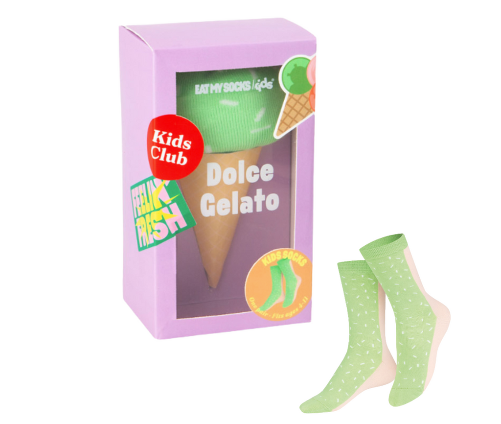 Green polka dot socks with a 'Dolce Gelato' themed packaging box on a white background