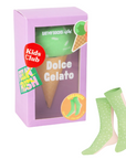 Green polka dot socks with a 'Dolce Gelato' themed packaging box on a white background
