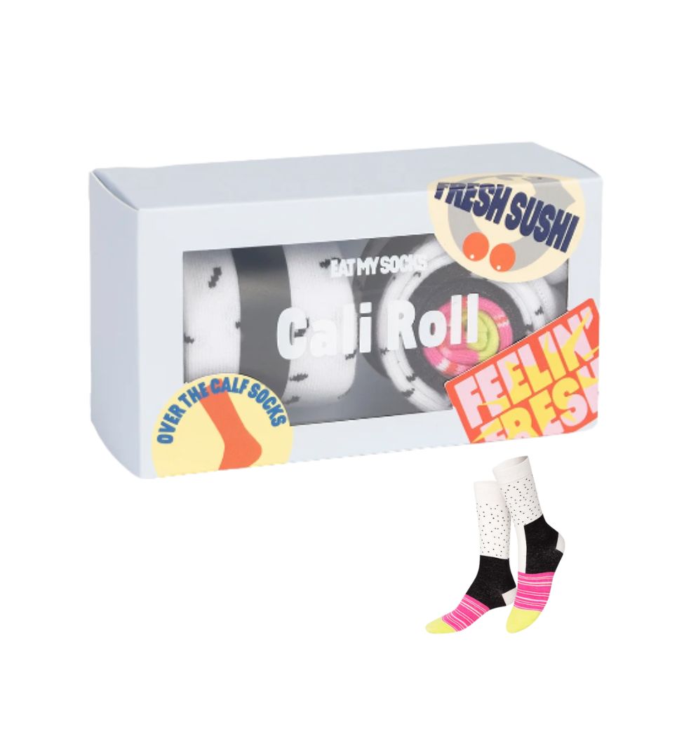 Box of socks with 'Cali Roll' text on a white background