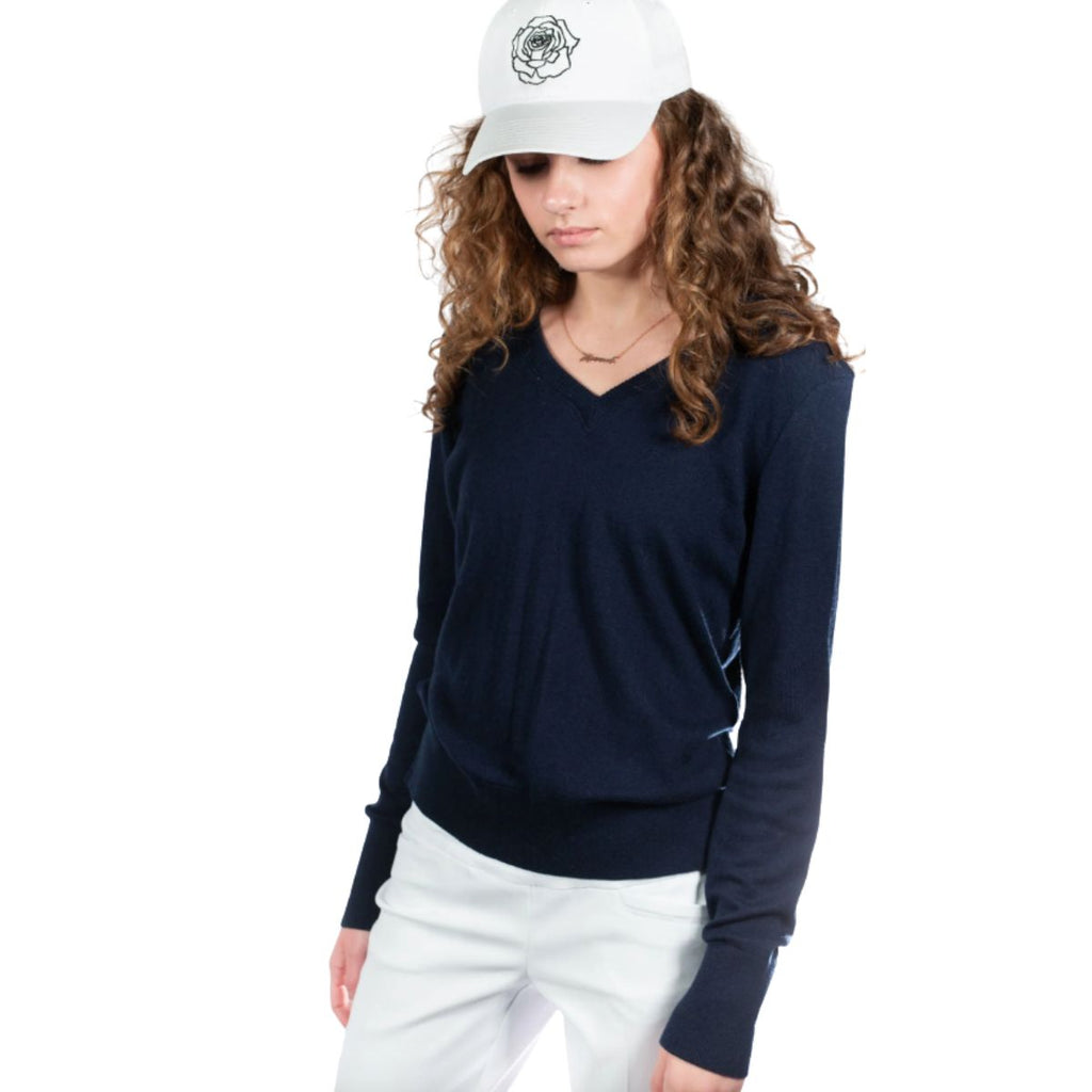 Hannah Childs 'Angelina' V-Neck Sweater in Midnight - Women's Small