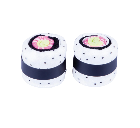 Cali Roll Socks outside of packaging in the shape of actual sushi rolls.