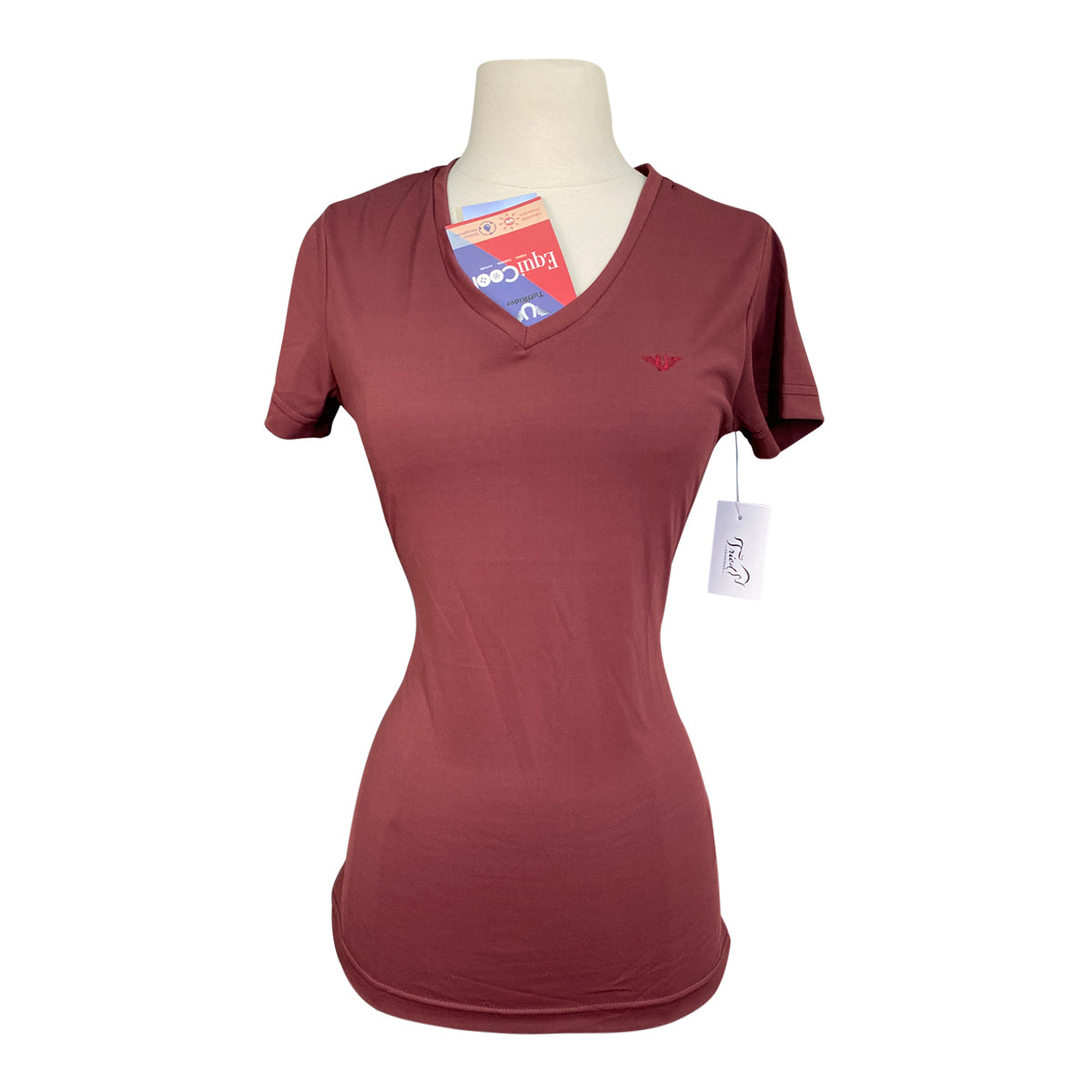 Front of TuffRider 'Taylor' EquiCool Short Sleeve V-Neck Tee in Wine - Women's XS