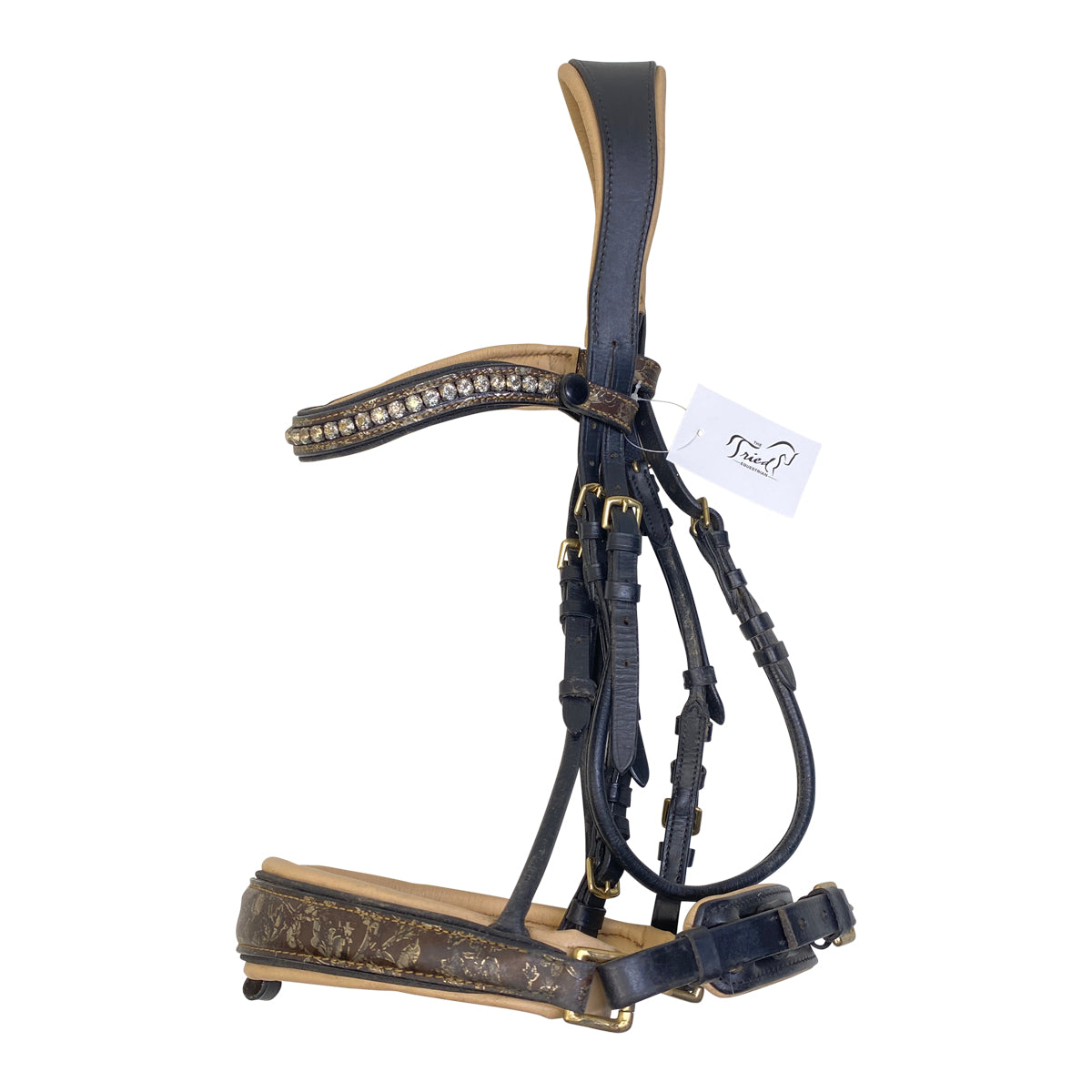 Halter Ego 'Hermes' Rock Crystal Flash Bridle in Brown/Champagne - Full