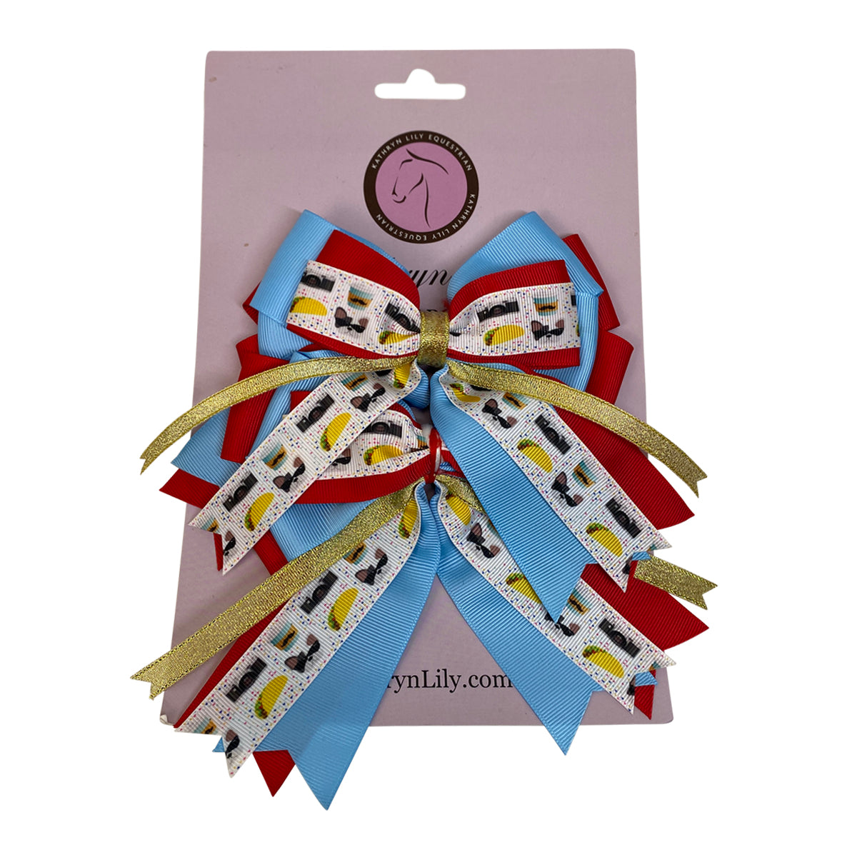 Kathryn Lily 'Taco Emoji' Show Bows in White w/Light Blue/Red/Gold Ribbons