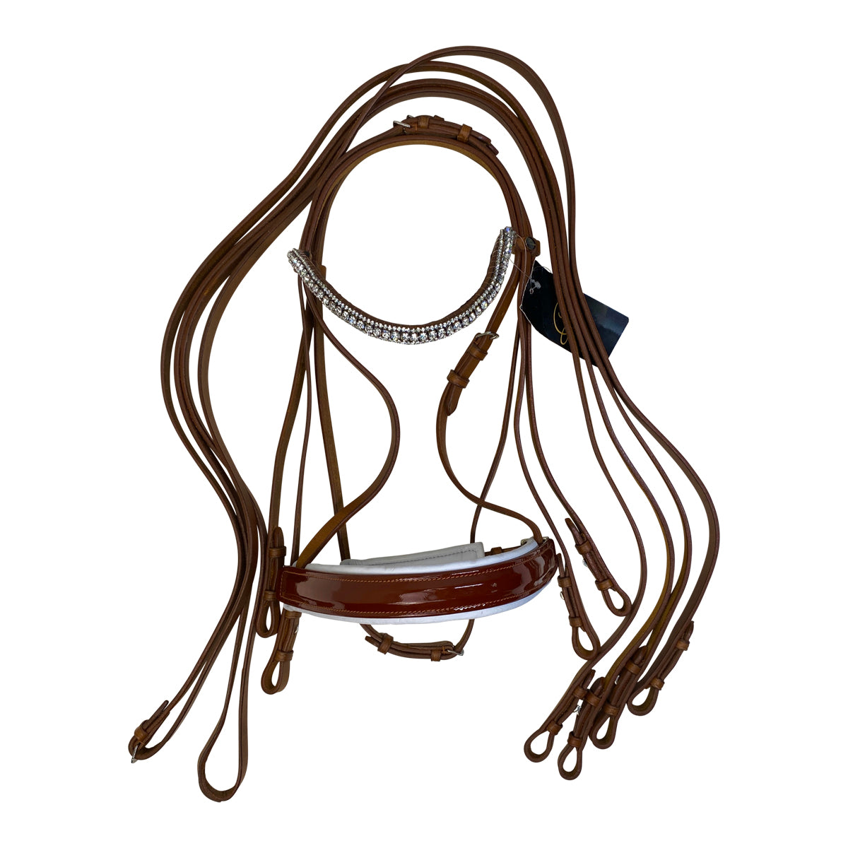 Premiera 'Prades' Double Bridle w/ Crystal Browband and Reins in Cognac/White Padding