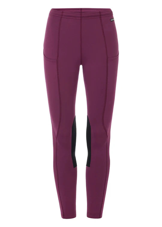 Purple riding leggings on white background