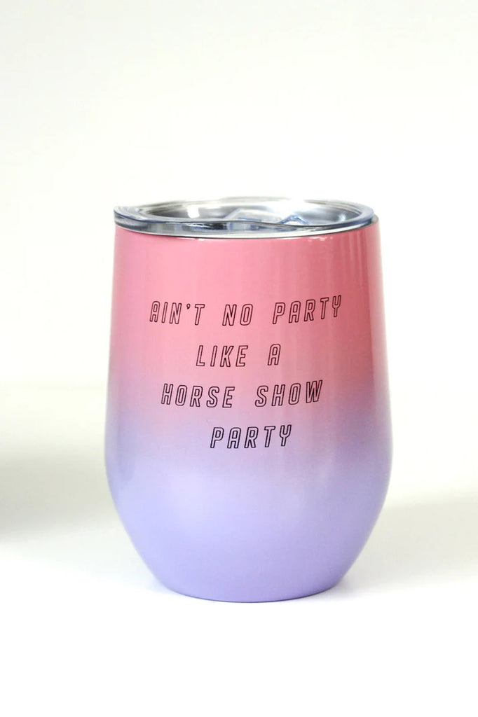 Wine tumbler with black writing on white background. 