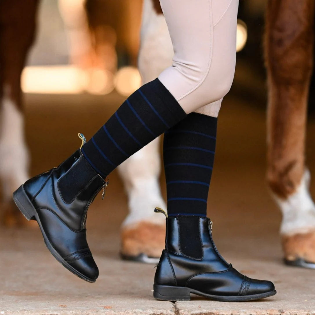 Dreamers &amp; Schemers Stripe Knit Boot Socks in Black w/ Navy 