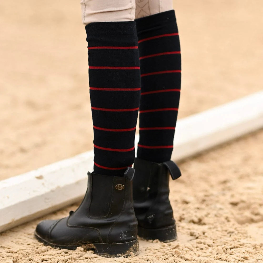 Dreamers &amp; Schemers Stripe Knit Boot Socks in Navy w/ Burgundy 