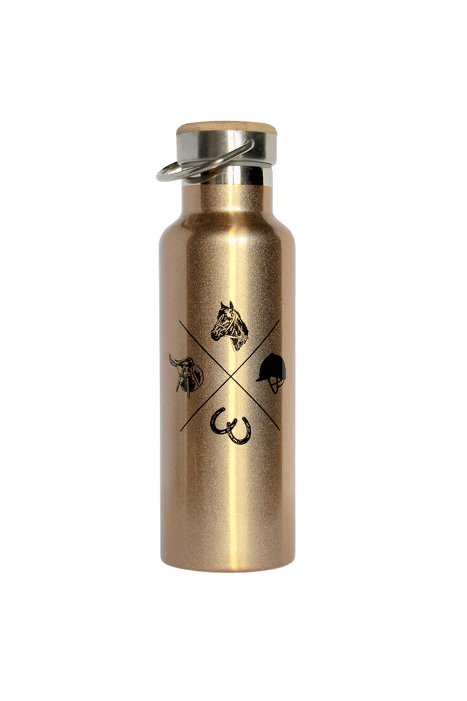 Gold water bottle with horse design on a white background