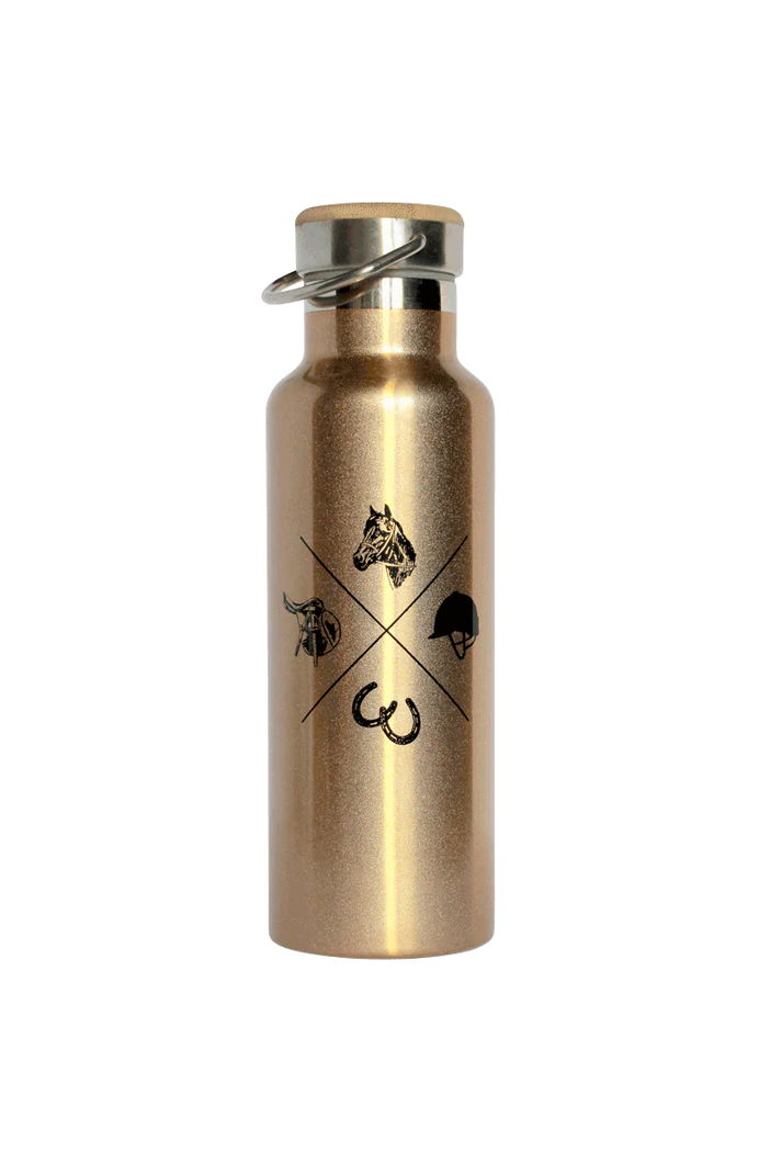 Gold water bottle with horse design on a white background